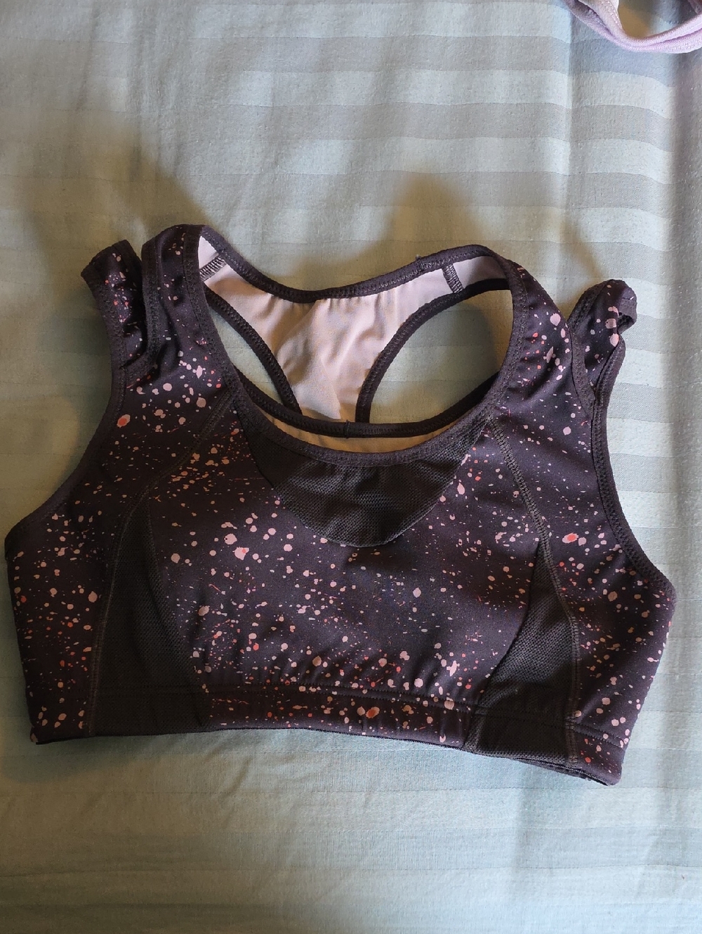 High-Impact Racerback Sports Bra in Black with Pink Speckle